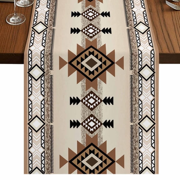 Southwest Table Runner 108 Inches Long,Brown Bohemian Abstract American Aztec Cotton Linen Table Runners Dresser Scarves,Decorative Tabletop Scarf Furniture Cover for Home Dinner Party 13"x108"