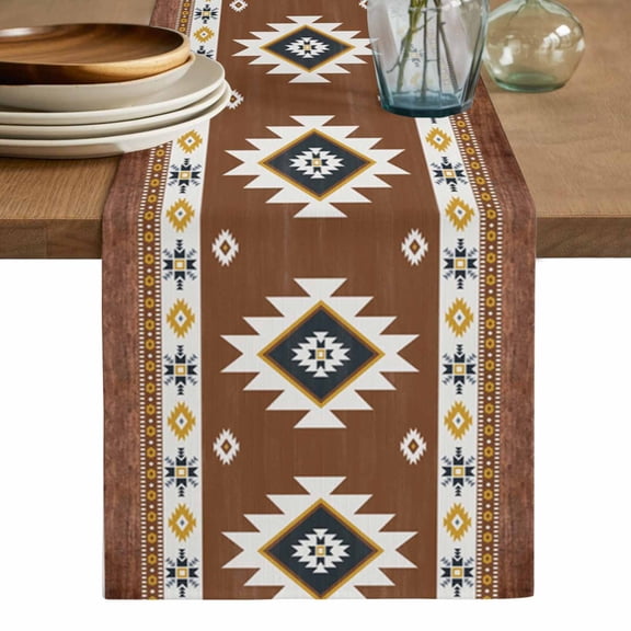 Southwest Table Runner, Western Brown Yellow Geometric Abstract Art Wooden Washable Cotton Linen Table Runners 48 Inches Long, Dresser Scarf Runner for Nightstand/Coffee/End Tables 13''x48''