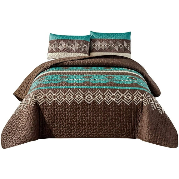 Southwest Teal/Beige/Brown Print Bedspread 3 Microfiber Cabin Lodge western Quilt Set- Southwestern Bedding- Makala KING BEDSPREAD