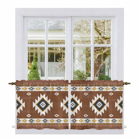 Southwest Tier Curtains, Western Brown Yellow Geometric Abstract Art Wooden Light Filtering Kitchen Curtains, 2Pcs Rod Pocket Half Window Treatments Panels for Sink Cafe Cabinet Camper 27.5x36 Inches