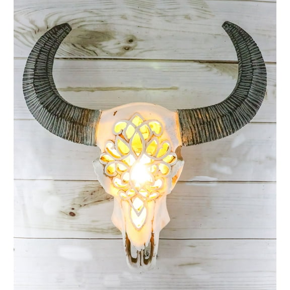 Southwest Tooled Lace Horned Steer Bull Cow Aged Bone Skull LED Light Wall Decor