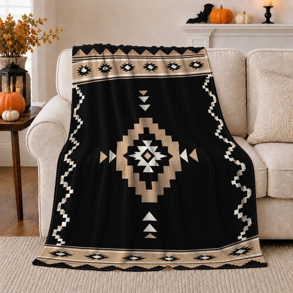 Southwest Tribal Diamond Geometric Black, Cozy Friendship Quote Scene, Warm Flannel Blanket for Living Room and Reading Nook, Art Lovers Friendship Gift, Artistic Home Decor