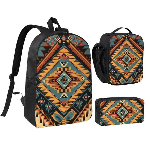Southwest Tribal Indian Geometric 17-inch Laptop Backpack 3-Piece Set with Insulated Lunch Bag and Accessory Pouch, Rucksack for Teens Adults