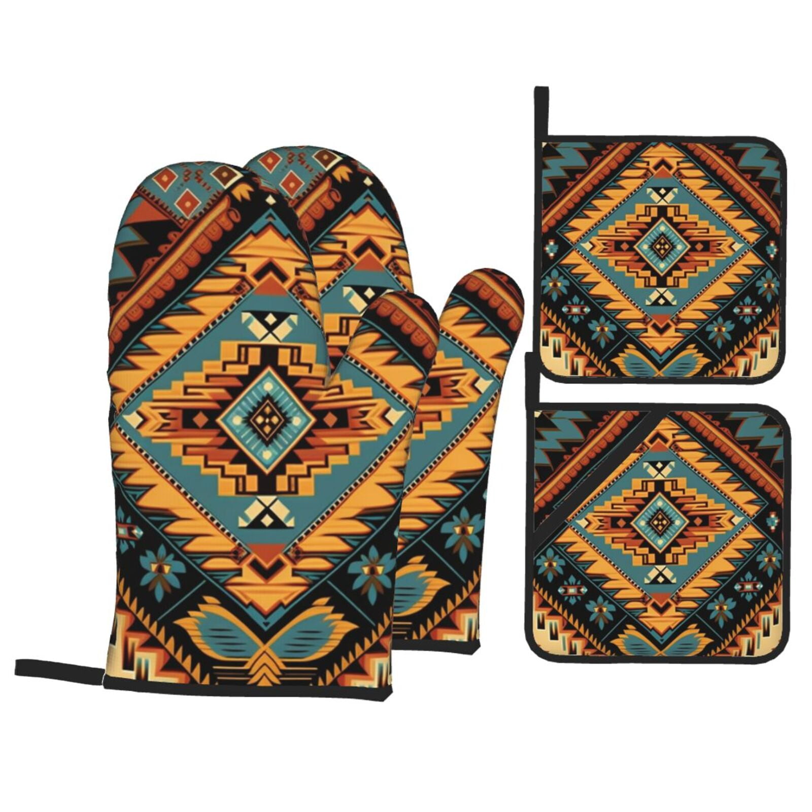 Southwest Tribal Indian Geometric 4Pcs Oven Mitts and Pot Holders Sets Oven Kitchen Gloves Hot Pads for Cooking BBQ Baking Grilling