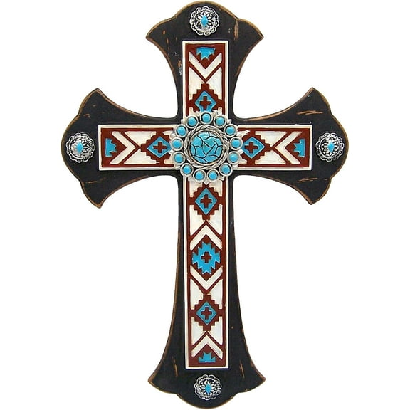 Southwest Wall Cross Featuring a Brown and Turquoise Patterned Design, 12 1/4 Inches