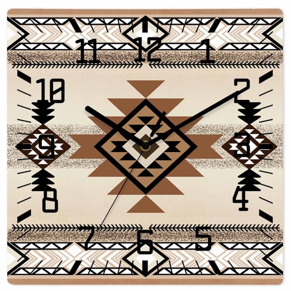 Southwest Wooden Wall Clock Silent Non Ticking, Brown Bohemian Abstract American Aztec Square Wall Clocks Battery Operated, Decor Clock for Home Office, Living Room, Kitchen, 12 Inch
