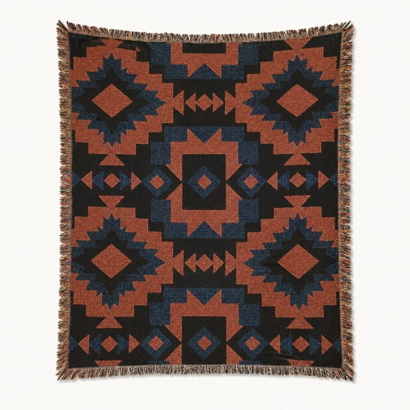 Southwest Woven Throw Blanket, Terracotta & Navy Geometric Cotton Throw with Fringe, Rustic Cabin & Living Room Decor