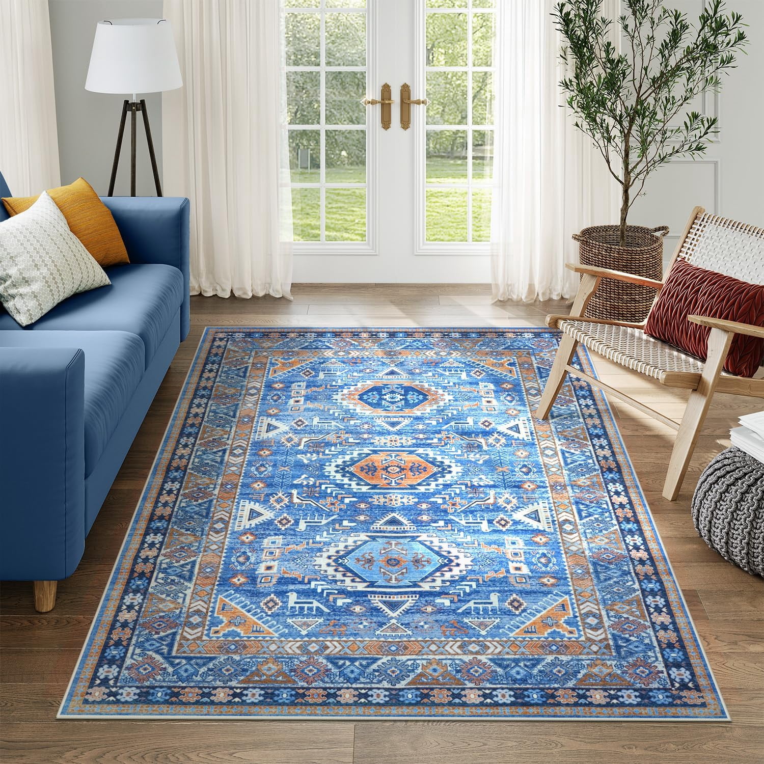 Southwestern 5x7 Rugs for Bedrooom, Blue Washable Rugs for Living Room ...