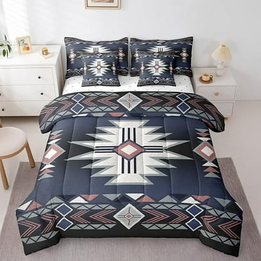 Southwestern 7Pcs Comforter Set Twin Size,Rustic Farmhouse Western Bedding Set,Adult Geometric Aztec Tribal Arrow Striped Quilt Sheets Dark Blue Red Vintage Bohemian 2 Pillow Cover,2 Pillowcase