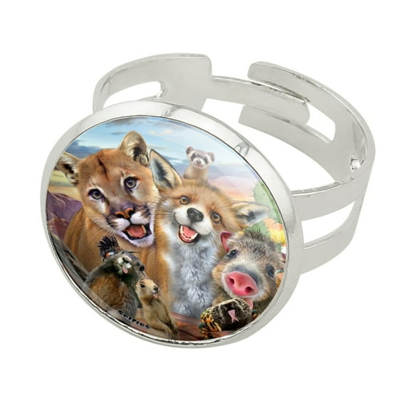 Southwestern Animals Selfie Cougar Fox Roadrunner Prairie Dog Silver Plated Adjustable Novelty Ring