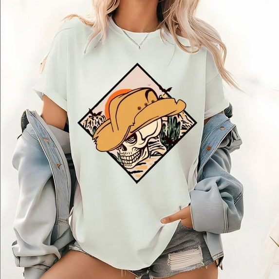 Southwestern Attitude T-Shirt - Vintage Cowboy Skull Design - Breathable Women's Retro Rodeo Tops