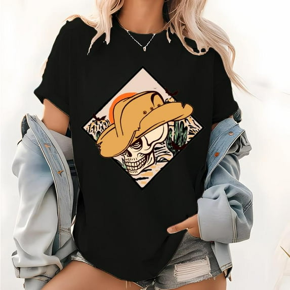 Southwestern Attitude T-Shirt - Vintage Cowboy Skull Design - Breathable Women's Retro Rodeo Tops