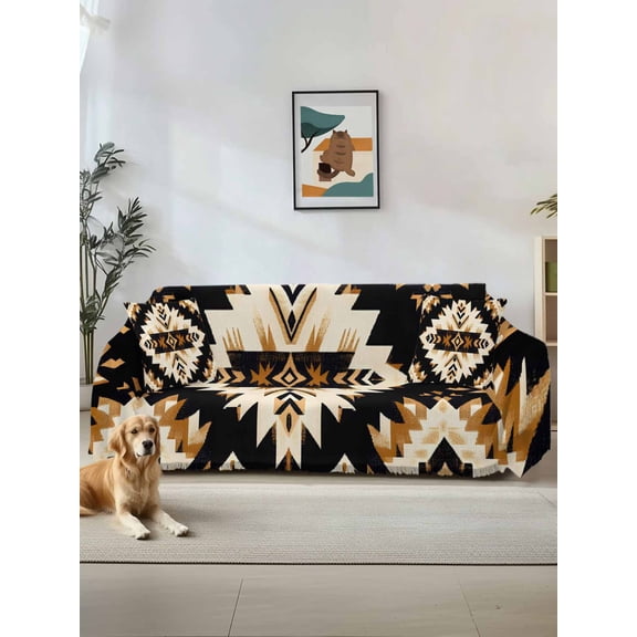 Southwestern Aztec Couch Cover, Retro National Style Brown Abstract Sofa Cover Blanket for Loveseat Couches,Sectional Sofa Slipcover Furniture Protector for Living Room Bedroom 71''x118''
