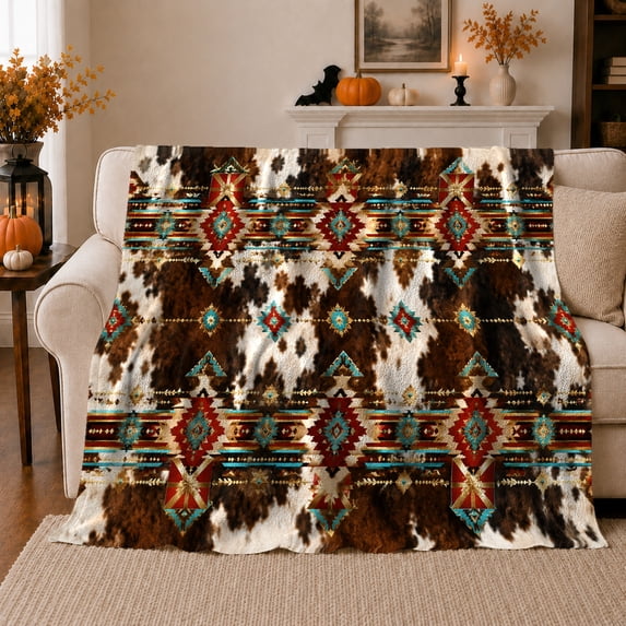 Southwestern Aztec Cowhide Autumn Pumpkins, Cozy Friendship Quote Scene, Warm Flannel Blanket for Living Room and Reading Nook, Art Lovers Thanksgiving Gift, Artistic Home Decor