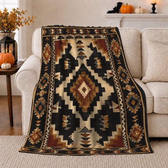 Southwestern Aztec Diamond Sofa Scene Halloween Bat Mood, Festive Halloween Scene, Warm Flannel Blanket for Ranch House and Living Room, Art Lovers Halloween Gift, Festive Home Decor