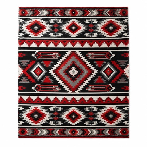 Southwestern Aztec Fleece Throw Blanket, Red Black White Geometric Soft Cozy Sofa Bed Blanket, Polyester Fleece