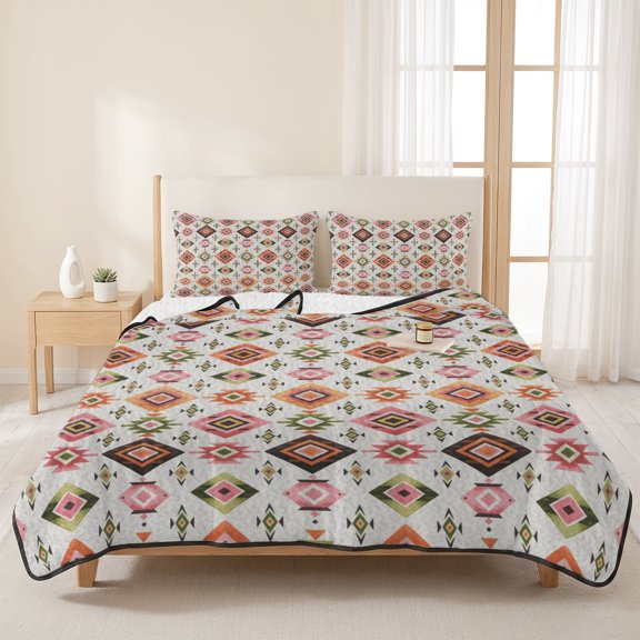 Southwestern Aztec Geometric Pattern 3 Pieces Quilt Set,1 Quilt with 2 Shams,Tribal Boho Background Bedspread Soft Lightweight Bedding Coverlet Comforter Set for All Season 96"x106"