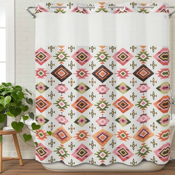 Southwestern Aztec Geometric Pattern No Hook Shower Curtain with Snap in Liner Set,Tribal Boho Background Waterproof Fabric Shower Curtains with See Through Top Window for Bathroom,72Wx72L