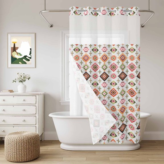 Southwestern Aztec Geometric Pattern No Hook Shower Curtain with Snap in Liner Set,Tribal Boho Background Waterproof Fabric Shower Curtains with See Through Top Window for Bathroom,36Wx72L