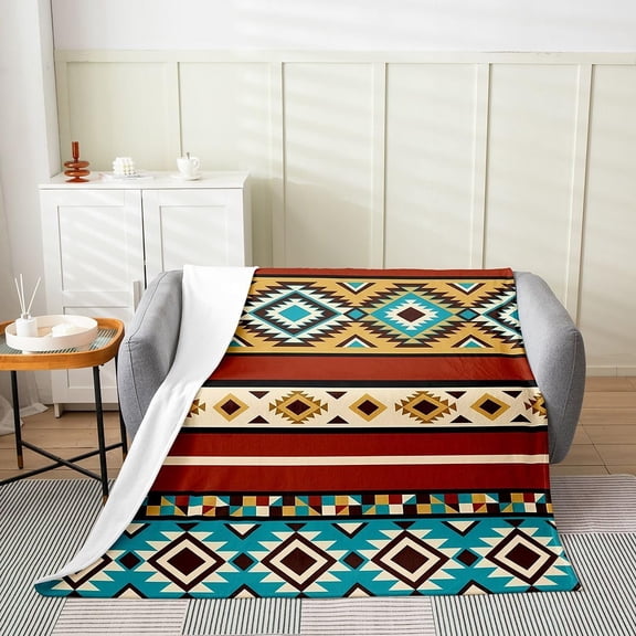 Southwestern Aztec Geometric Striped Print Throw Blanket Tribal Ethnic Pattern Soft Flannel Decorative Blanket For Sofa Bedroom