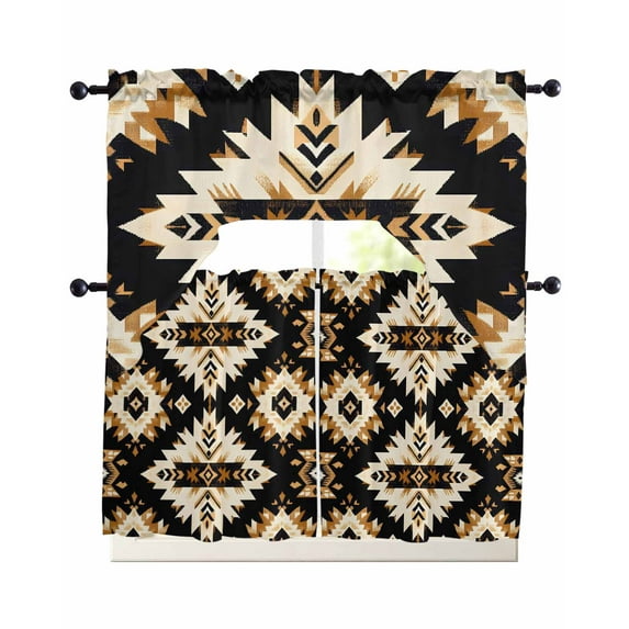 Southwestern Aztec Kitchen Curtains Sets 24 Inch Length with Valance, Retro National Style Brown Abstract Swag Valances and Tiers Curtain Set Drapes Swag Curtains for Living Room, Bathroom, Bedroom