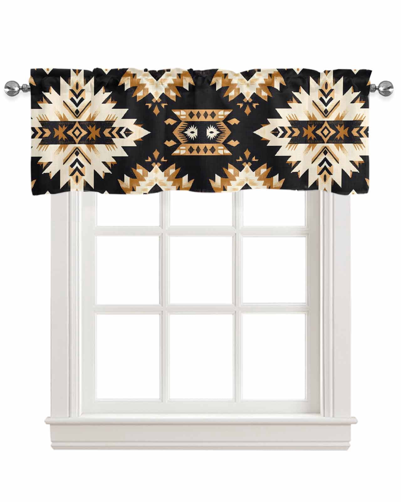 Southwestern Aztec Kitchen Valances for Windows Farmhouse Linen Window Valance Curtain for Living Room Window Treatment Retro National Style Brown Abstract Valance Rod Pocket Topper, 60 x 18 Inch