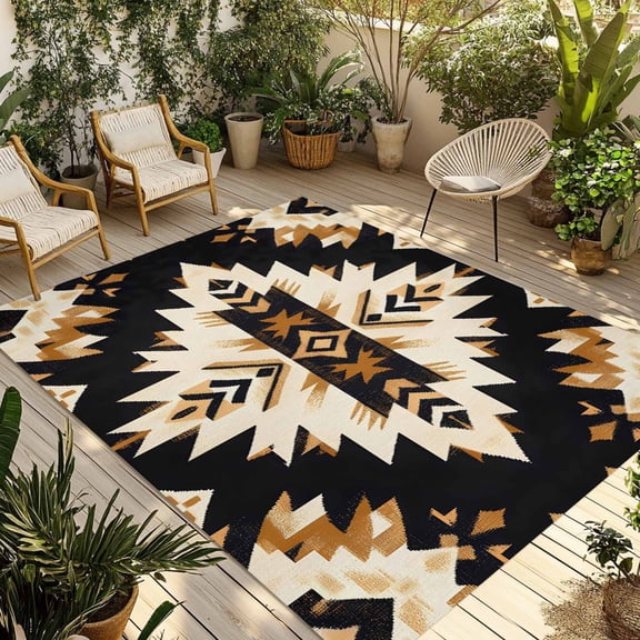 Southwestern Aztec Outdoor Rug 3x5 Ft - Reversible Patio Rug Outdoor Camping Rugs, Retro National Style Brown Abstract Washable Indoor Outdoor Area Rugs, Non-Slip Outdoor Carpet Runner for Deck/Porch