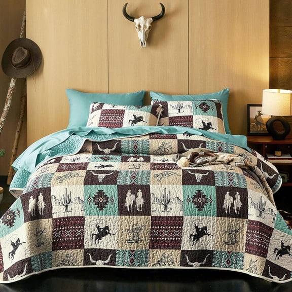 Southwestern Aztec Pattern Reversible Lightweight Quilt Set 3-Piece Queen Full Size in Turquoise and Taupe