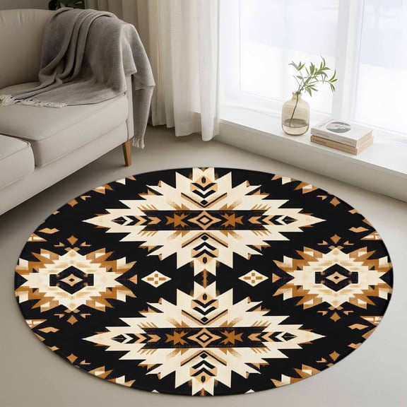 Southwestern Aztec Round Area Rug 4 FT, Non Slip Indoor Outdoor Rug, Retro National Style Brown Abstract Washable Soft Circular Carpet Non-Shedding Floor Mat for Coffee Table Nursery Foyer Balcony
