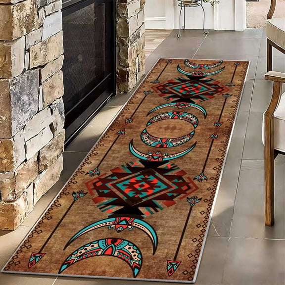 Southwestern Aztec Runner Rug 2x7ft, Washable Boho Moon Phase Floor Mat, Non-Slip Tribal Geometric Carpet for Hallway, Entryway, Bedroom