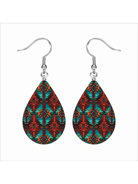 Southwestern Aztec Teardrop Dangle Earrings for Women Colorful Tribal Pattern Lightweight Boho Western Drop Earrings Native Inspired Jewelry