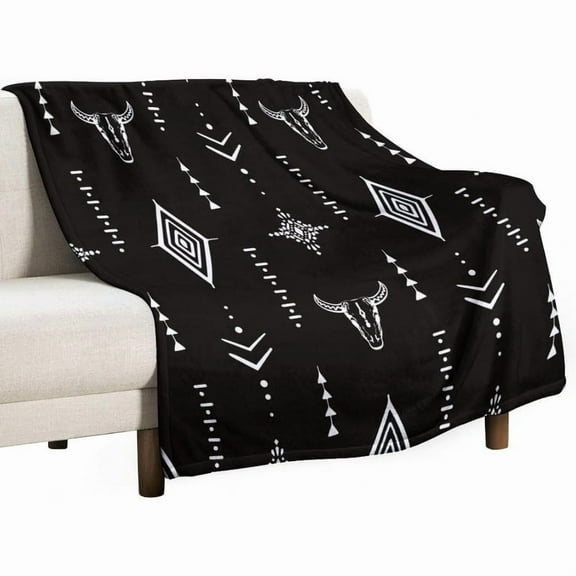 Southwestern Aztec Tribal Throw Blanket Cozy Bull Skull & Geometric Design Soft Flannel for Sofa or Bed Rustic Western Style Black & White Patterns 330GSM Flannel Machine Washable