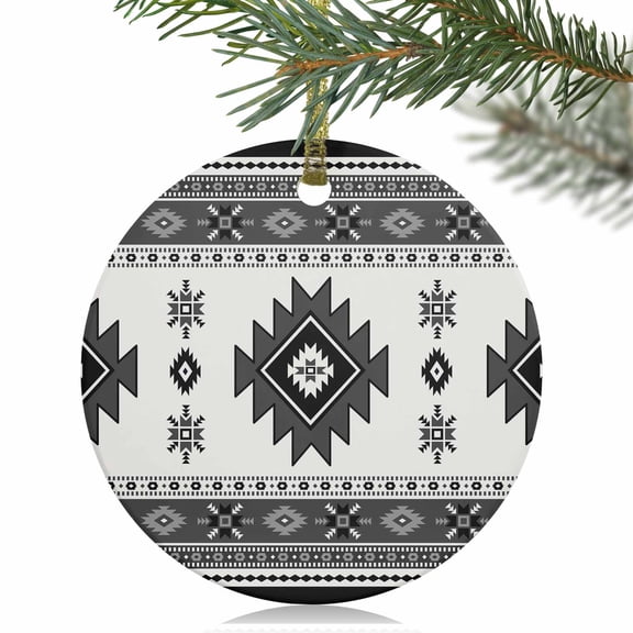 Southwestern Aztec Vintage Geometric Christmas Ceramic Ornament 2025,3" Round Xmas Tree Hanging Accessories with Gold Ribbon