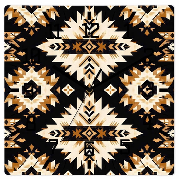 Southwestern Aztec Wooden Wall Clock Silent Non Ticking, Retro National Style Brown Abstract Square Wall Clocks Battery Operated, Decor Clock for Home Office, Living Room, Kitchen, 12 Inch
