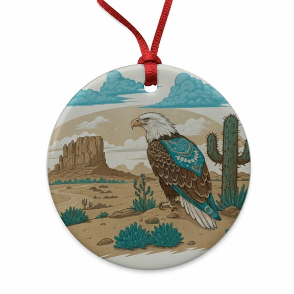 Southwestern Bald Eagle Desert Christmas Tree Holiday Round Ceramic Ornament
