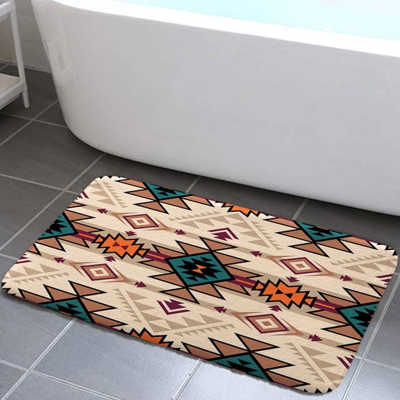 Southwestern Bath Mat for Bathroom, Aztec Fancy Abstract Geometric Art Print Non-Slip Bathroom Bath Rug, Bathroom Accessories 17X29inches