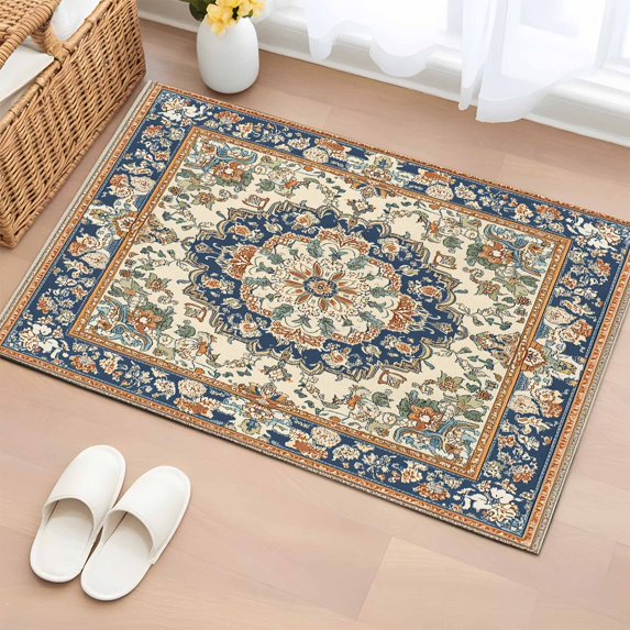 Boho Southwestern Bathroom Rug Washable 2x3 Entryway Rug Non Slip Heritage Antique Country Blue Front Door Mat Low Pile Indoor Doormat Throw Floor Carpet for Kitchen Bedroom Entrance