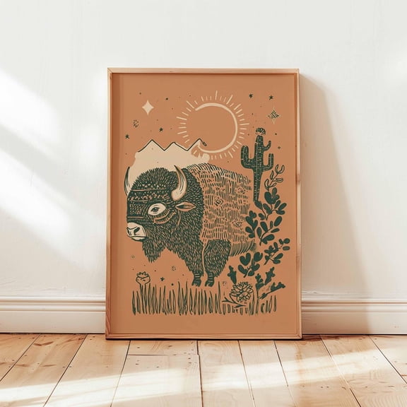 Southwestern Bison Boho Midwesterm Rustic Buffalo Nature Folk Decor Unframed Paper Print