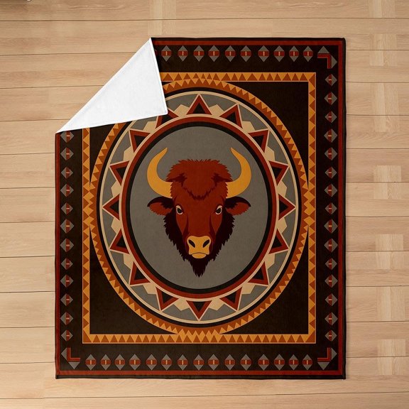 Southwestern Bison Throw Blanket Aztec Tribal Bull Head Plush Fleece Blanket for Bed Couch Sofa