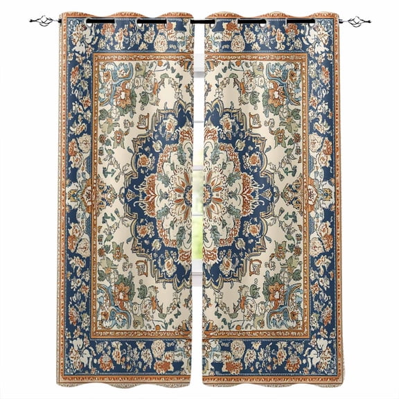 Boho Southwestern Blackout Curtains for Bedroom/Living Room, Thermal Insulated Kitchen Curtains, Heritage Antique Country Blue Grommet Darkening Window Treatment Drapes 27.5"x39"x2