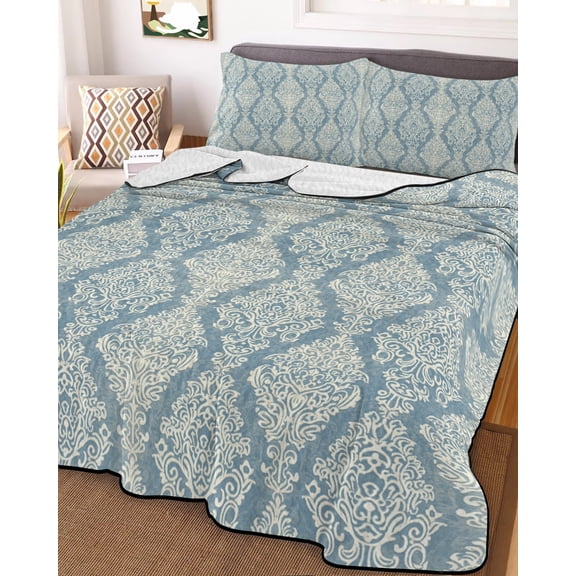 Southwestern Blue Boho King Size Down Alternative Comforter, Lightweight Comforter Quilt Bedding Set with Pillow Shams Vintage Mexican Ethnic Flowers All Seasons Bed Comforter Duvet Insert 96"x106"