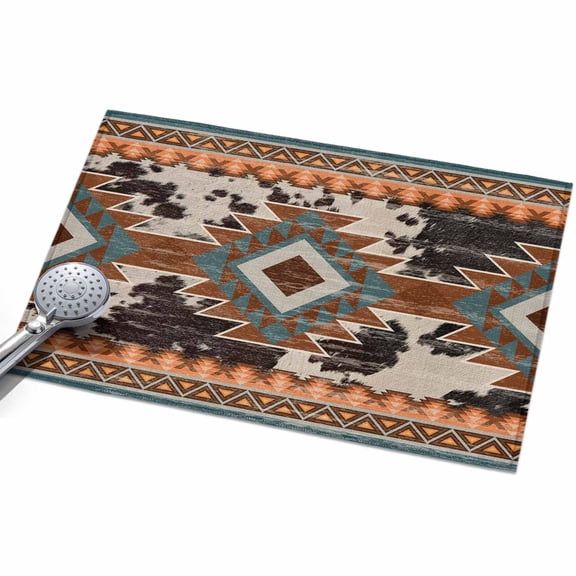 Southwestern Bohemian Washable Area Rug 2 x 3 ft Native American Aztec Cow Print, Soft Non Slip Rugs Stain Repellent Indoor Felt Carpet for Living Dining Room Bedroom Home Office