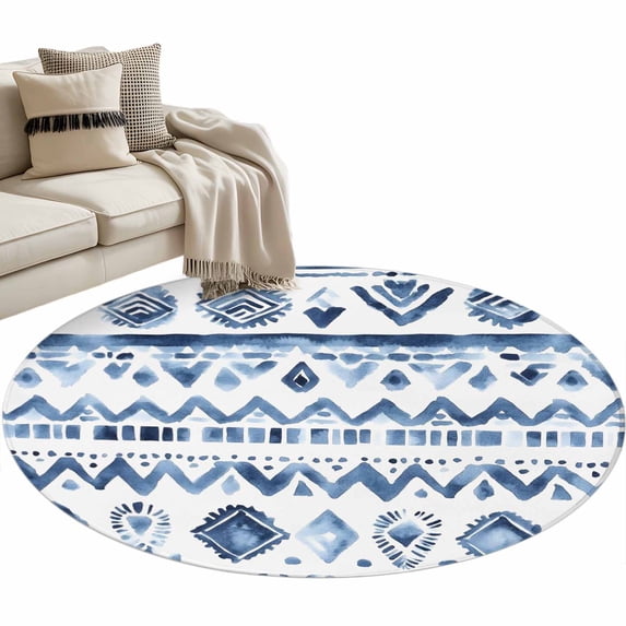 Southwestern Boho Large Area Rugs for Bedroom Living Room, Soft Non Slip Carpet Bedside Rug, Blue Aztec Oriental Abstract Patterns Round Floor Cover Kitchen Accent Rug 3.3' for Dining Room/Office