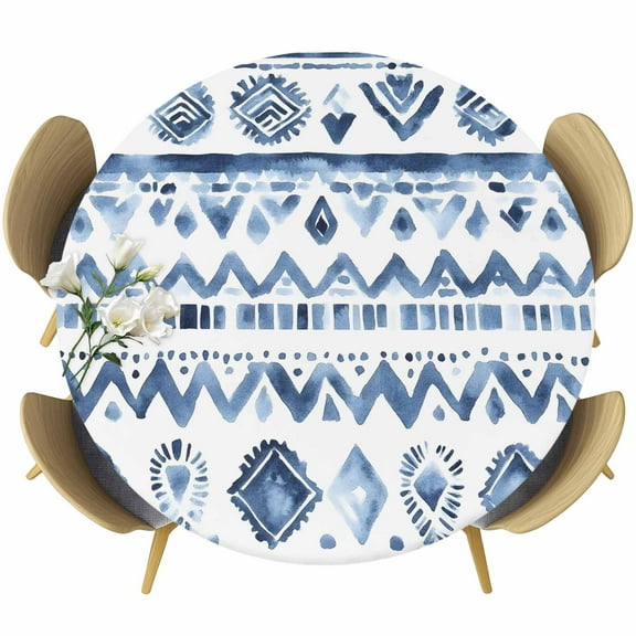 Southwestern Boho Round Tablecloth 45-54 Inch Round Fitted Table Cloth with Elastic Edge, Blue Aztec Oriental Abstract Patterns Waterproof Table Cover Protector for Outdoor Picnic Party Dining