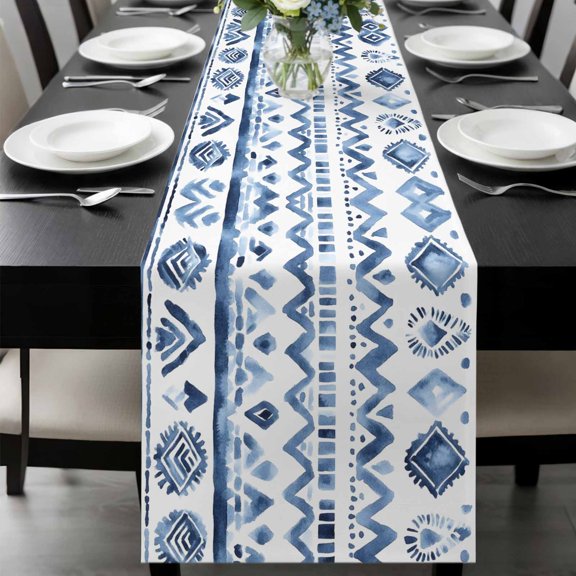 Southwestern Boho Table Runner 108 Inches Long, Blue Aztec Oriental Abstract Patterns Kitchen Coffee Dining Table Decoration for Home Party Birthday Wedding Home Decor 13x108 Inches