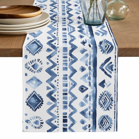 Southwestern Boho Table Runner, Blue Aztec Oriental Abstract Patterns Washable Cotton Linen Table Runners 48 Inches Long, Dresser Scarf Runner for Nightstand/Coffee/End Tables 13''x48''