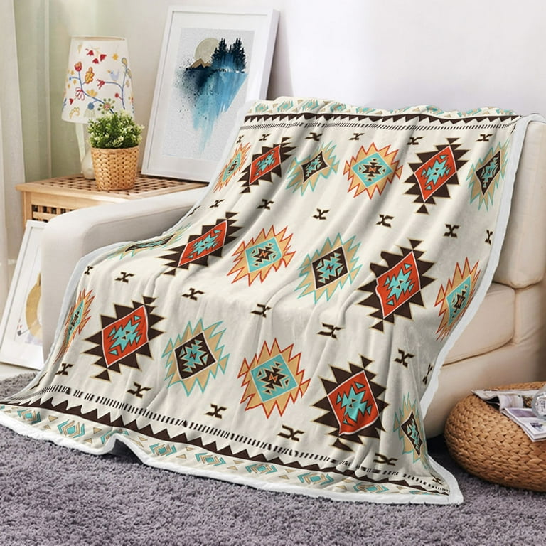 Southwestern Boho Throw Blanket Native Geometric Figure Soft Flannel Bed Throw Blanket for Couch Beige Vintage Ethnic Culture Lightweight Fluffy