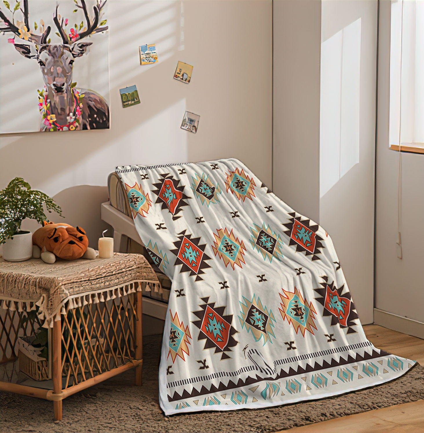 Southwestern Boho Throw Blanket, Native Geometric Figure Soft Flannel Bed Throw Blanket for Couch, Beige Vintage Ethnic Culture Lightweight Fluffy Plush Fuzzy Sofa and Travel Bed Blanket 60X80in