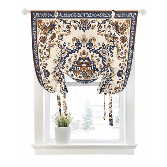 Southwestern Boho Tie Up Curtains for Window, Thermal Insulted Balloon Shade Adjustable Rod Pocket Curtains Valance Panels for Kitchen Bathroom Cafe 42 x 54 Blue Brown Retro Geometric Ethnic