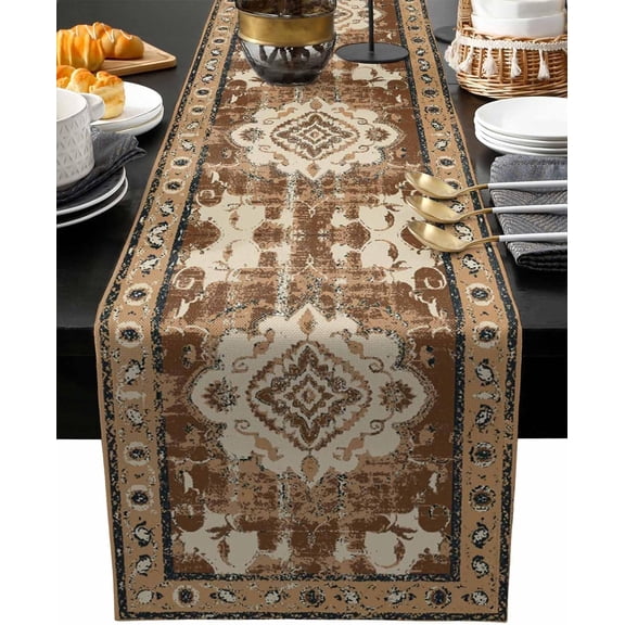 Southwestern Brown Table Runner 71 Inches Long - Kitchen Dining Burlap Linen Tablerunner for Small/Round/Square/Wedding/Coffee/Dining Table Party Home Décor Vintage Boho Antique OrientalMexican